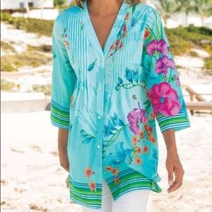 Soft Surroundings Blue Tropical Floral Tunic